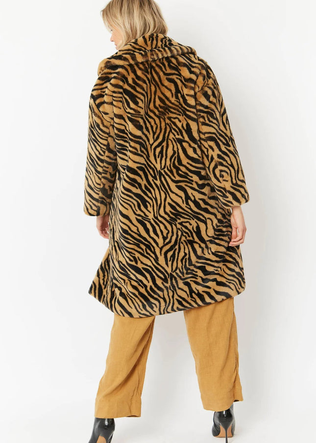 Animal Print Faux Fur Midi Shaved Shearling Coat-2