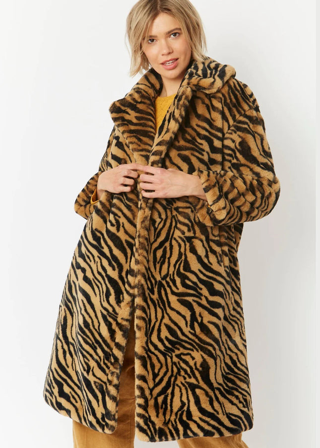 Animal Print Faux Fur Midi Shaved Shearling Coat-0