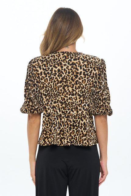 Animal Print Plisse Puff Sleeve Top with Front Tie Detail-3