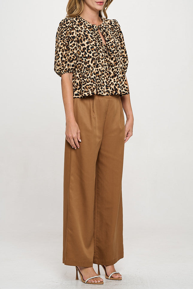 Animal Print Puff Sleeve Top with Front Bow Detail-2