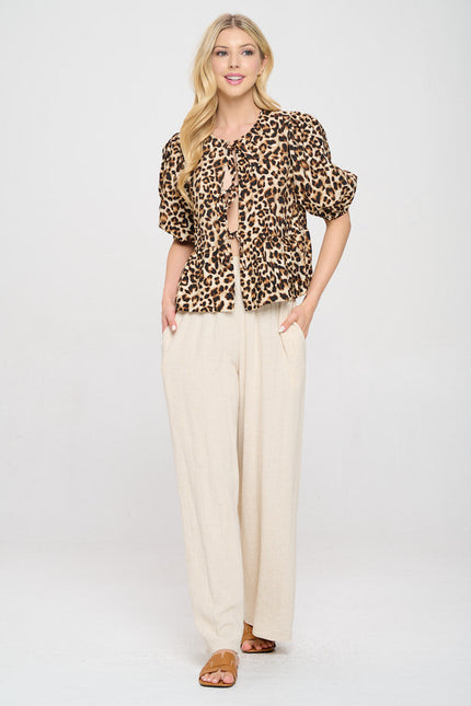 Animal Print Puff Sleeve Top with Front Bow Detail-4