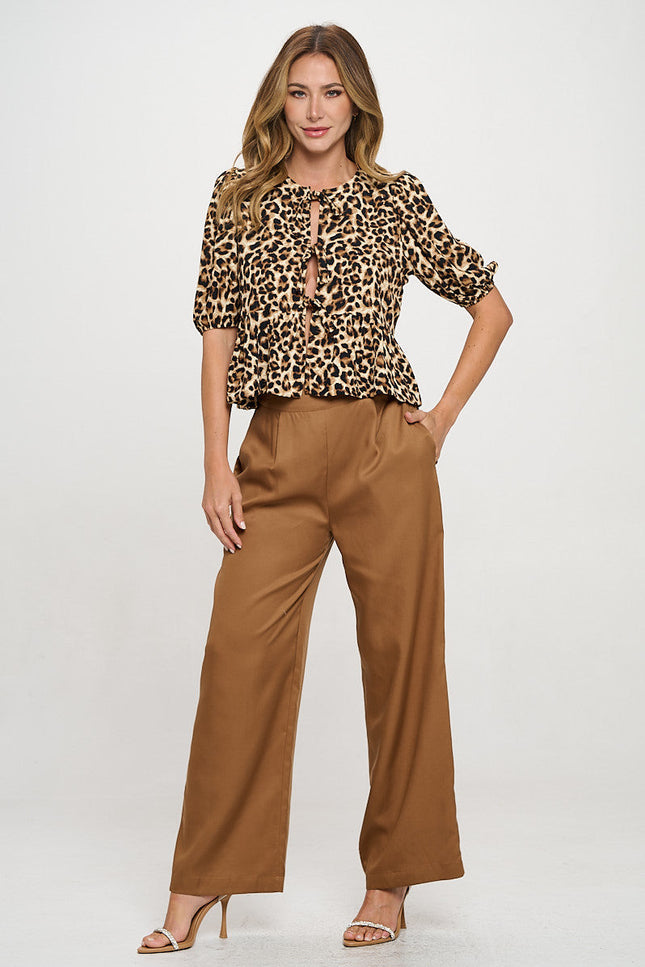 Animal Print Puff Sleeve Top with Front Bow Detail-4