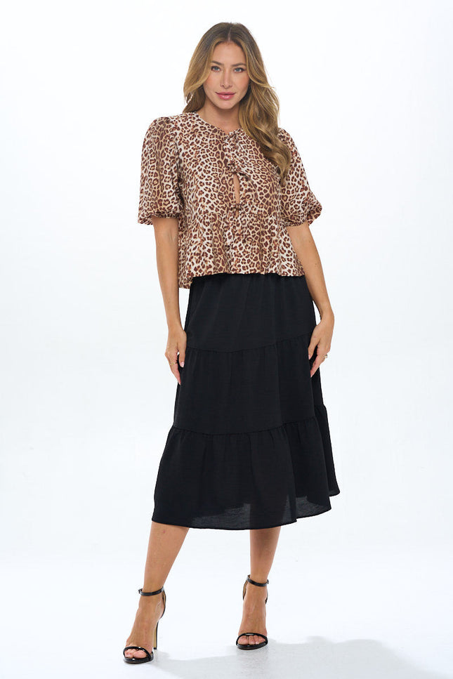 Animal Print Puff Sleeve Top with Front Tie Detail-4