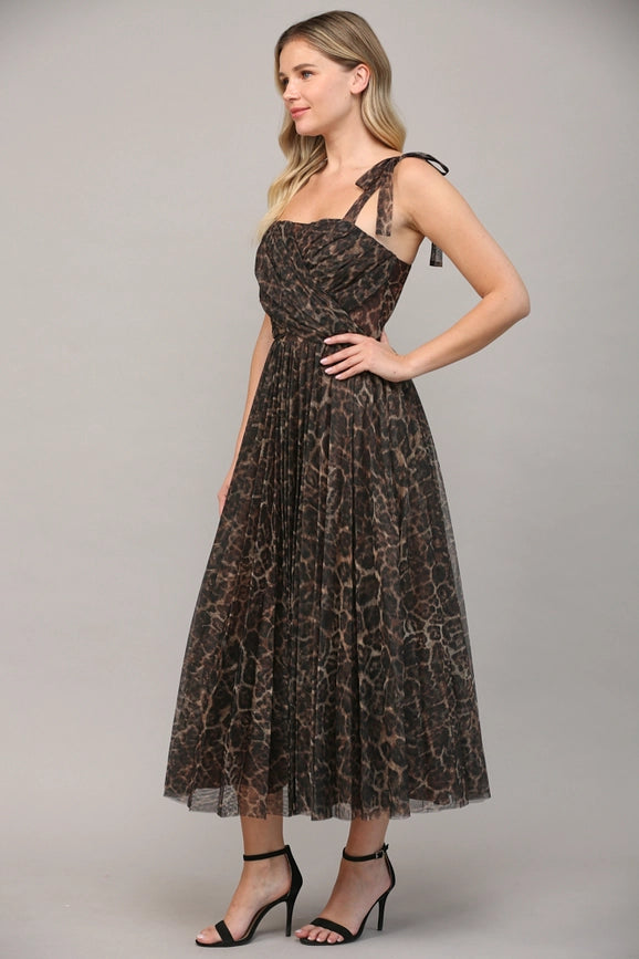 Animal Print Shoulder Tie Pleated Maxi Dress