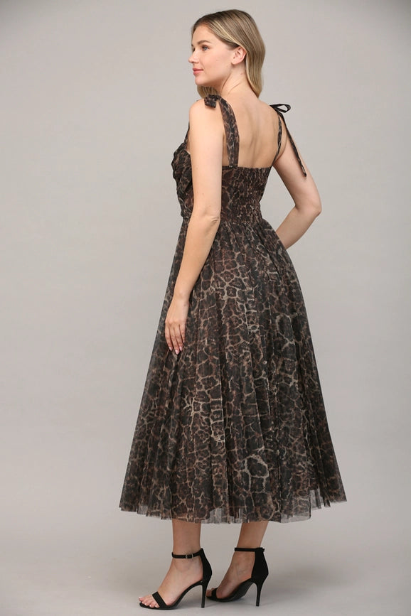 Animal Print Shoulder Tie Pleated Maxi Dress