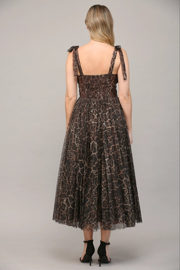 Animal Print Shoulder Tie Pleated Maxi Dress