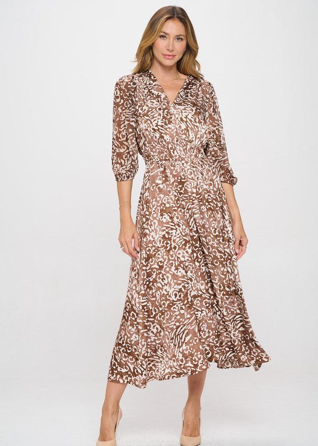 Animal Print V neck Dress with Sheer Sleeve-1