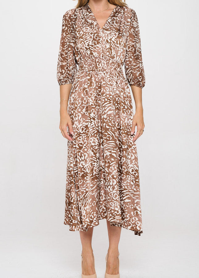 Animal Print V neck Dress with Sheer Sleeve-2