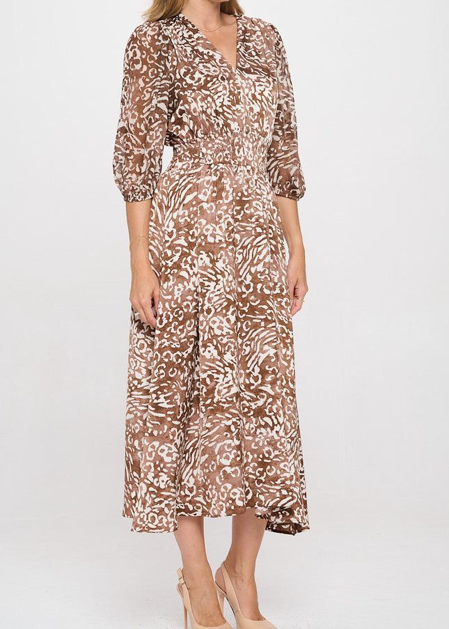 Animal Print V neck Dress with Sheer Sleeve-3