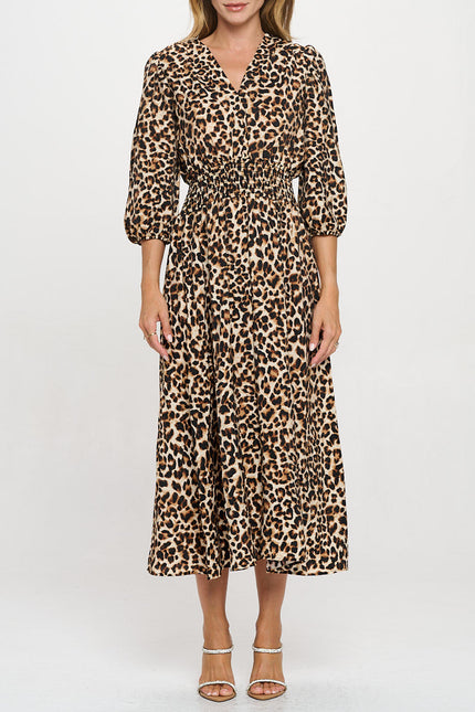 Animal Print V neck Dress with Smock Waist-1