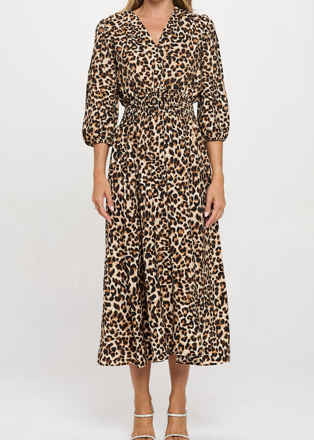 Animal Print V neck Dress with Smock Waist-1