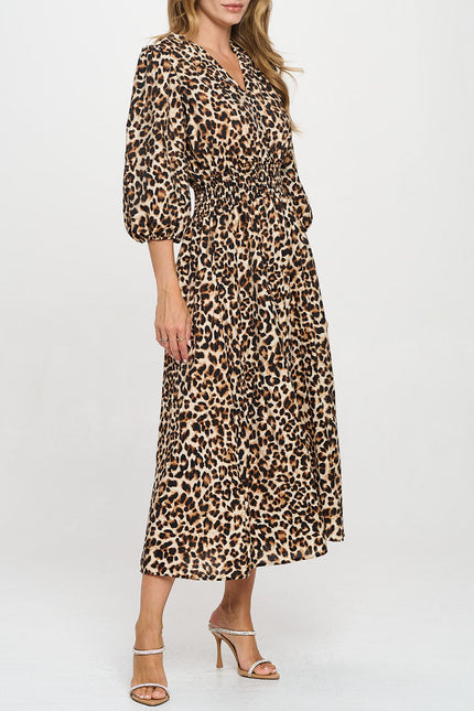 Animal Print V neck Dress with Smock Waist-2