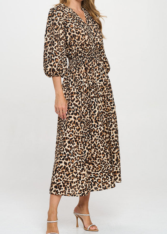 Animal Print V neck Dress with Smock Waist-2