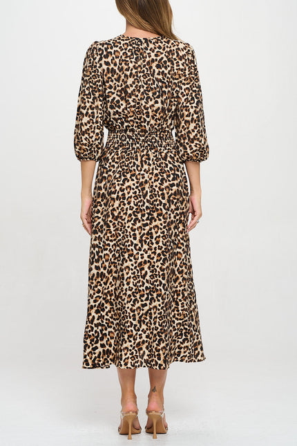 Animal Print V neck Dress with Smock Waist-3