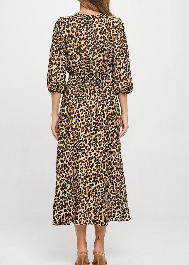 Animal Print V neck Dress with Smock Waist-3