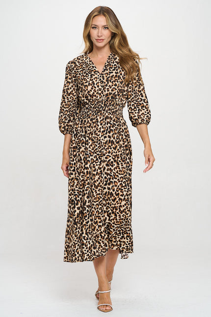 Animal Print V neck Dress with Smock Waist-4