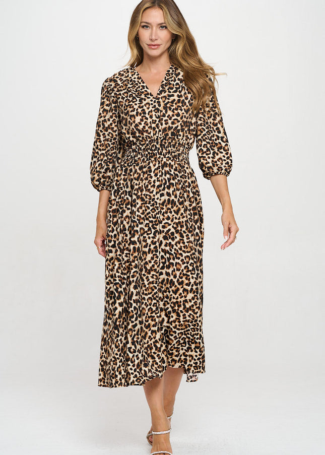 Animal Print V neck Dress with Smock Waist-4