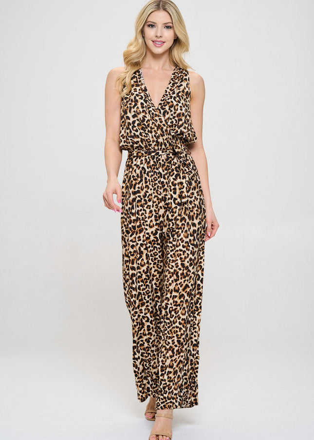 Animal Print V neck Sleeveless Jumpsuit with Tie-2