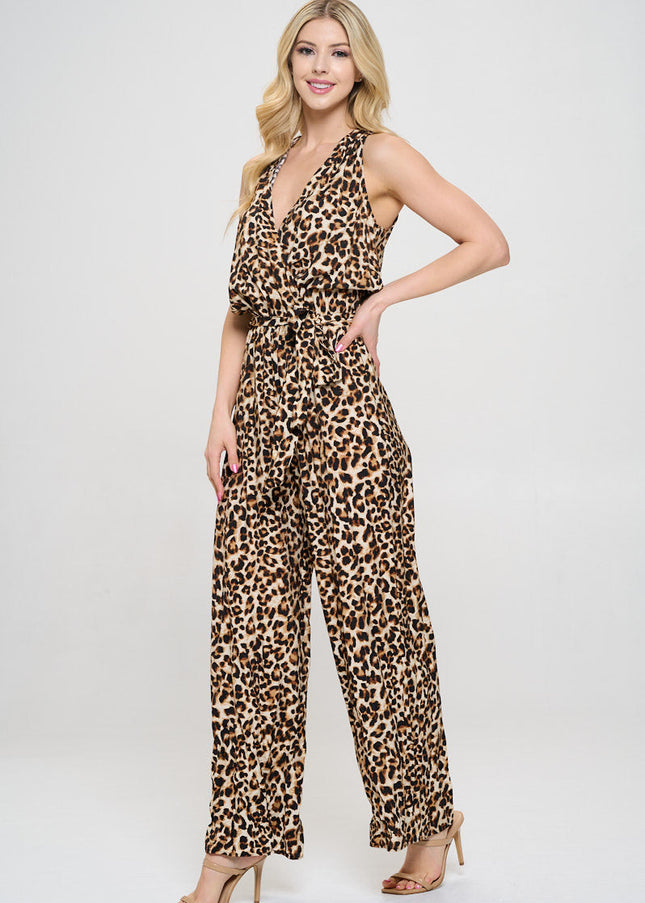 Animal Print V neck Sleeveless Jumpsuit with Tie-3