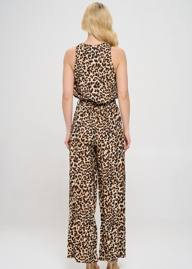 Animal Print V neck Sleeveless Jumpsuit with Tie-4