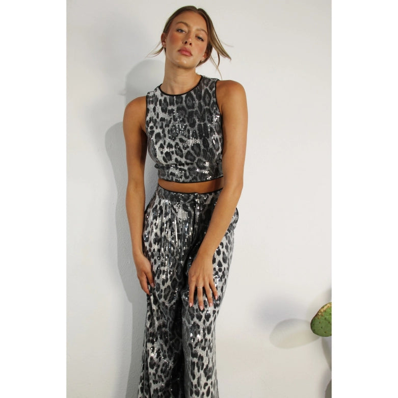 Animal Printed Sequence Crop Top and Pants Set