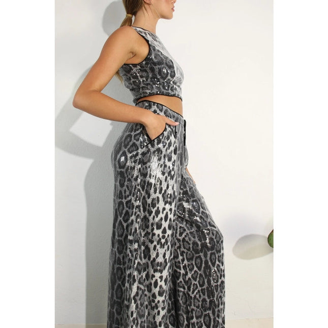 Animal Printed Sequence Crop Top and Pants Set