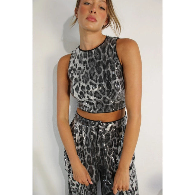 Animal Printed Sequence Crop Top and Pants Set