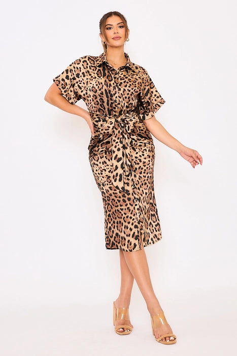 Animal Satin Short Slv Button Down Tie Waist Dress