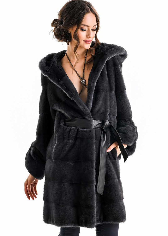 Anthracite Elegant Genuine Mink Fur Hooded Coat-0