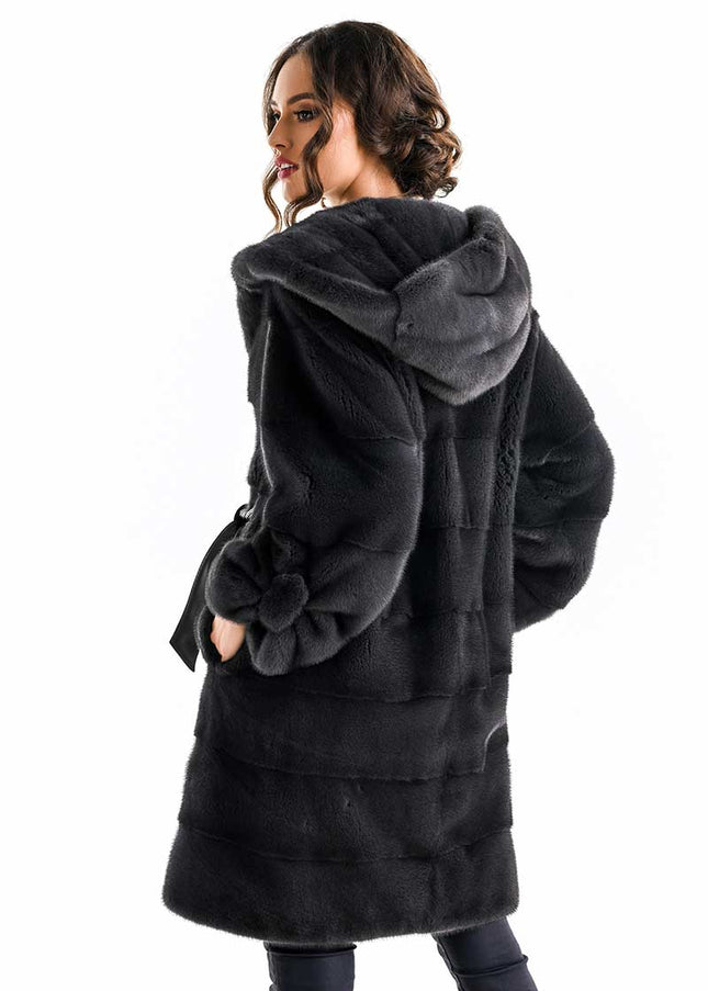 Anthracite Elegant Genuine Mink Fur Hooded Coat-1