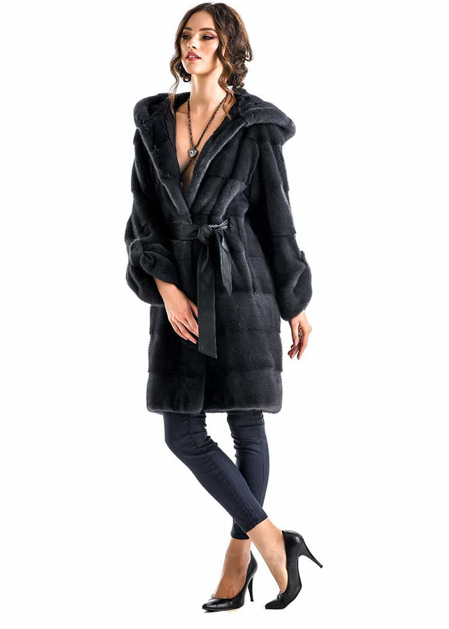 Anthracite Elegant Genuine Mink Fur Hooded Coat-2