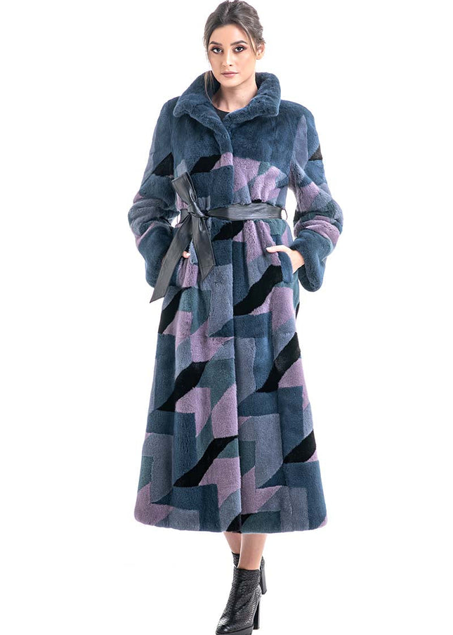 Anthracite Geometric Patterned Genuine Mink Fur Maxi Coat-0