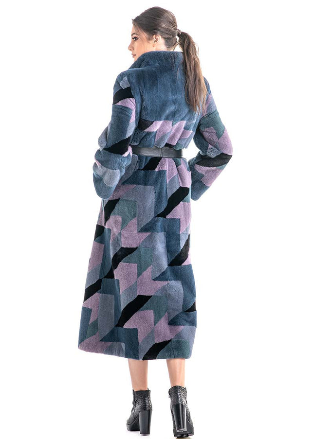 Anthracite Geometric Patterned Genuine Mink Fur Maxi Coat-1