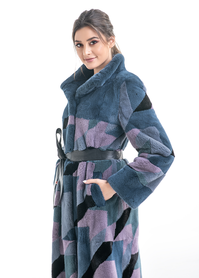 Anthracite Geometric Patterned Genuine Mink Fur Maxi Coat-2