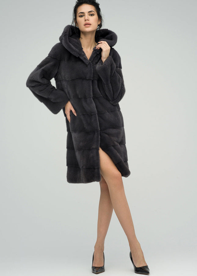 Anthracite Hooded Mink Fur Maxi Coat-0