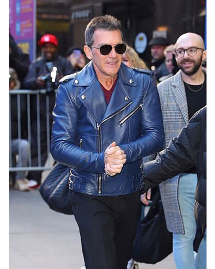 Antonio Banderas Real Leather Biker Jacket Blue-0