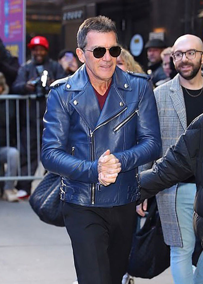 Antonio Banderas Real Leather Biker Jacket Blue-0