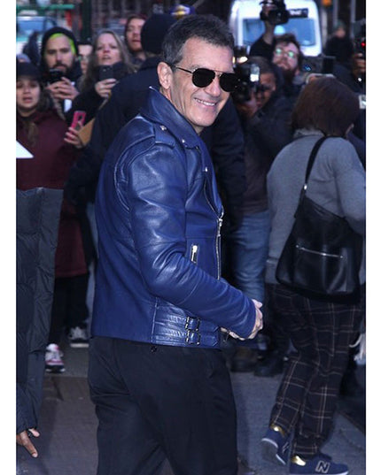 Antonio Banderas Real Leather Biker Jacket Blue-1