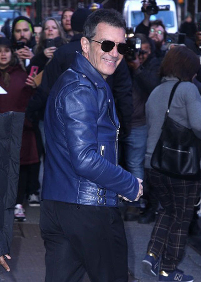 Antonio Banderas Real Leather Biker Jacket Blue-1