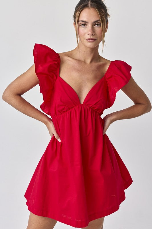 Audrey Tie-Back Ruffle Mini Dress Red-Dress-Papermoon-Urbanheer