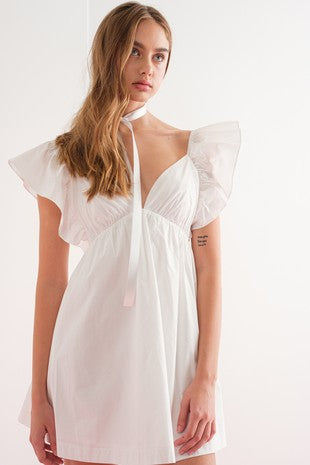 Audrey Tie-Back Ruffle Mini Dress White-Dress-Papermoon-Urbanheer