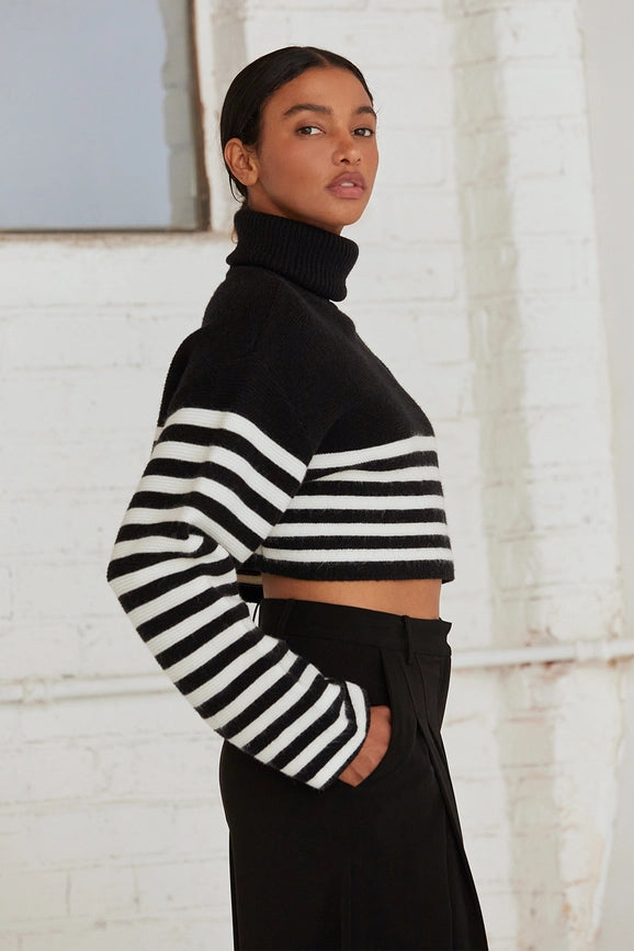 Avery Turtle Neck Striped Sweater Top BLACK/WHITE