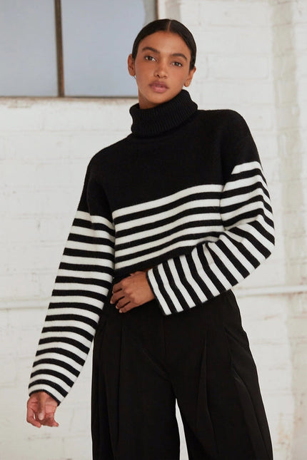 Avery Turtle Neck Striped Sweater Top BLACK/WHITE