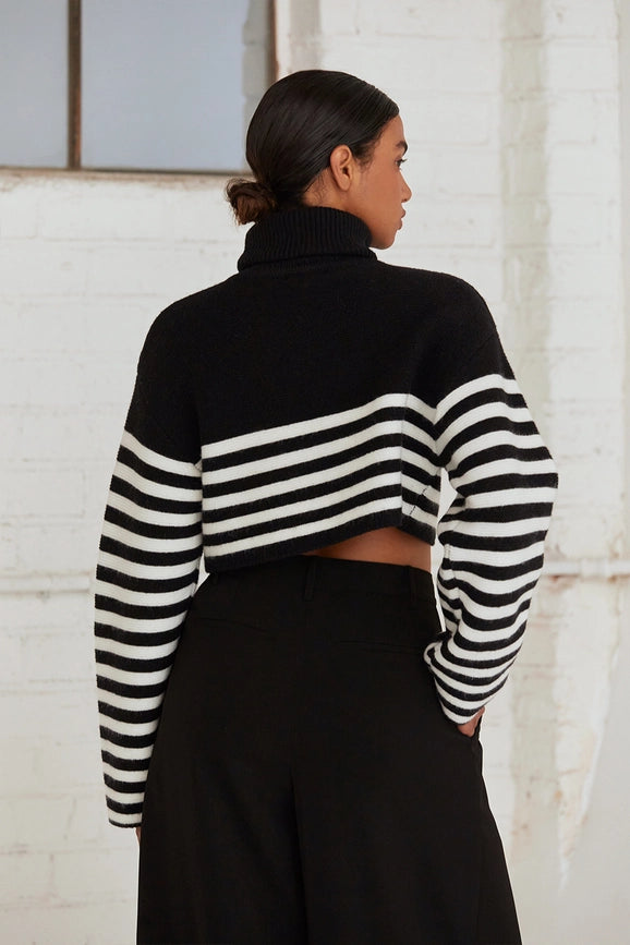 Avery Turtle Neck Striped Sweater Top BLACK/WHITE