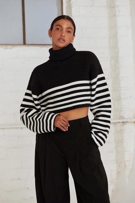 Avery Turtle Neck Striped Sweater Top BLACK/WHITE