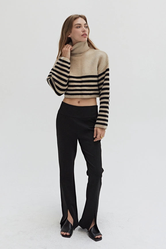 Avery Turtle Neck Striped Sweater Top TAUPE/BLACK