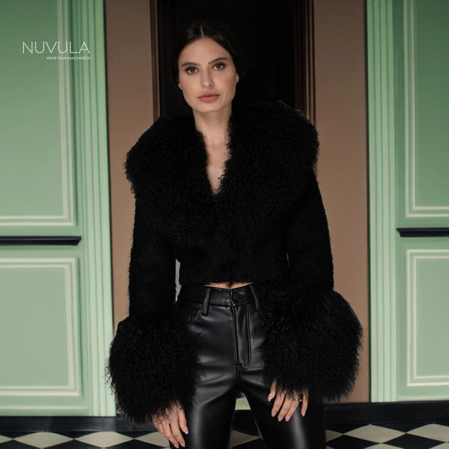 Aw - Black Cropped Mongolian Shearling Coat