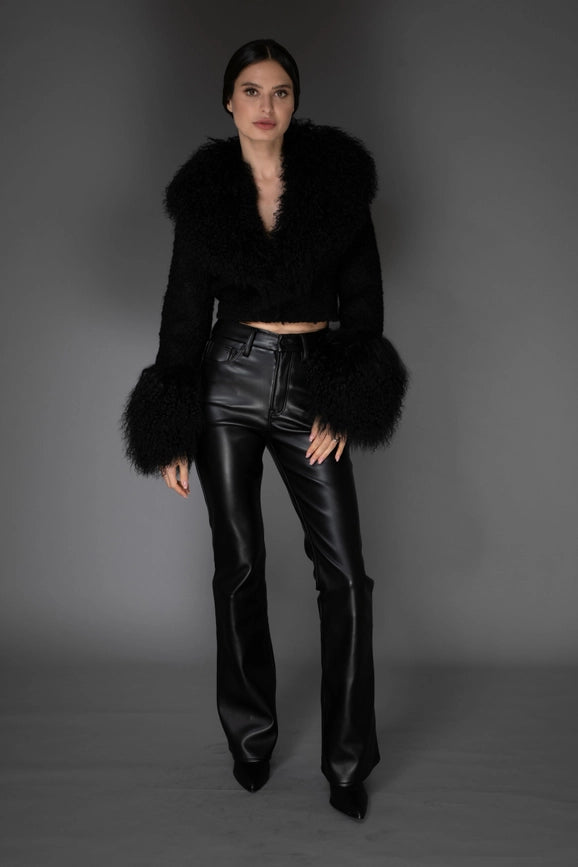 Aw - Black Cropped Mongolian Shearling Coat