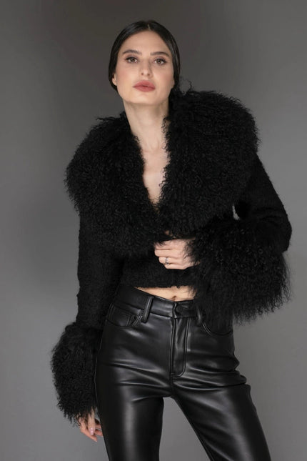 Aw - Black Cropped Mongolian Shearling Coat