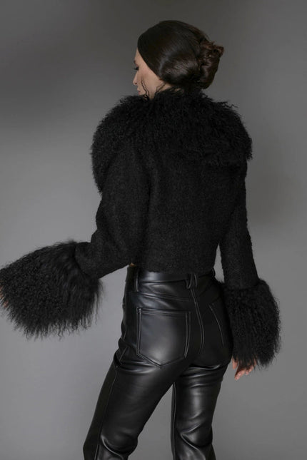 Aw - Black Cropped Mongolian Shearling Coat